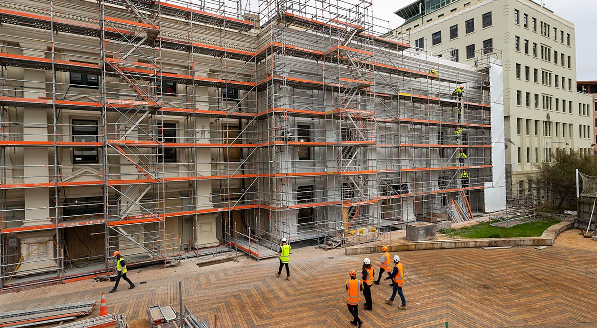 Workers walking up to the Town Hall